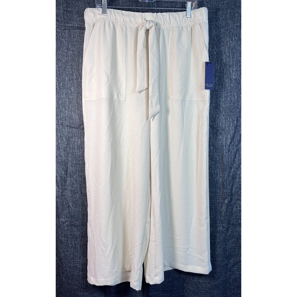 NWT Rachel Roy Sz L Pants Wide Leg Beige Crop Pull On Crinkle Texture Flowy New